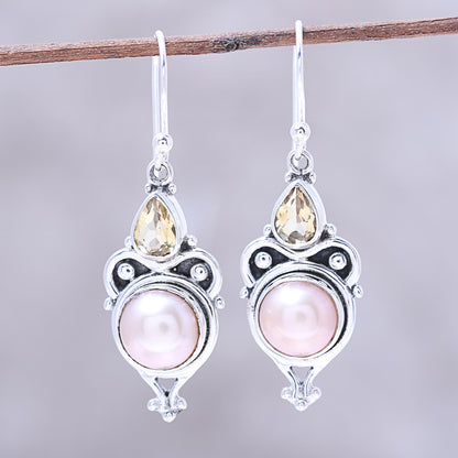 Pink Moon Sparkle Pink Cultured Pearl and Citrine Dangle Earrings from Citrine