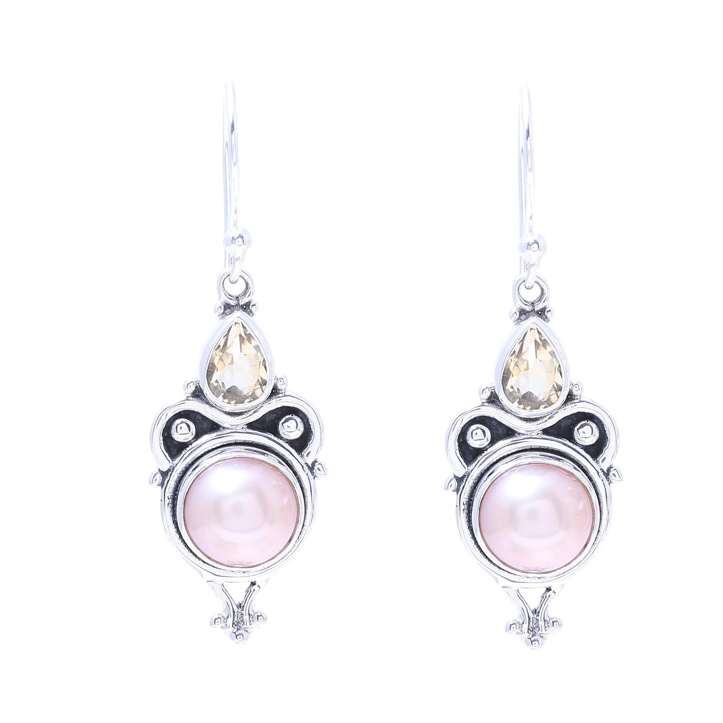 Pink Moon Sparkle Pink Cultured Pearl and Citrine Dangle Earrings from Citrine