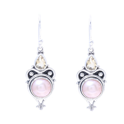 Pink Moon Sparkle Pink Cultured Pearl and Citrine Dangle Earrings from Citrine