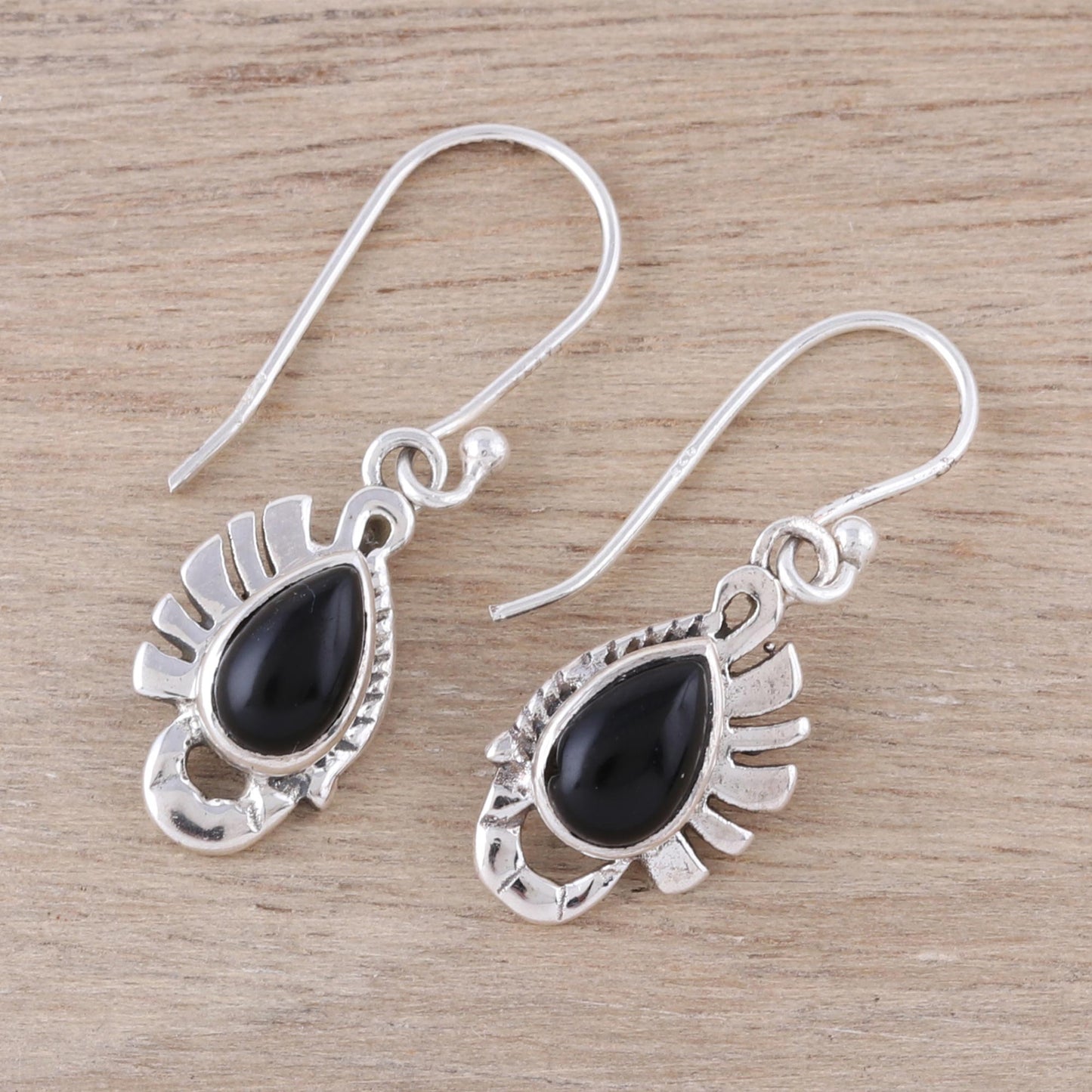 Feather Bliss Teardrop Onyx Dangle Earrings Crafted in India