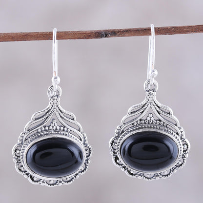 Jeweled Glory Black Oval Onyx Dangle Earrings from India