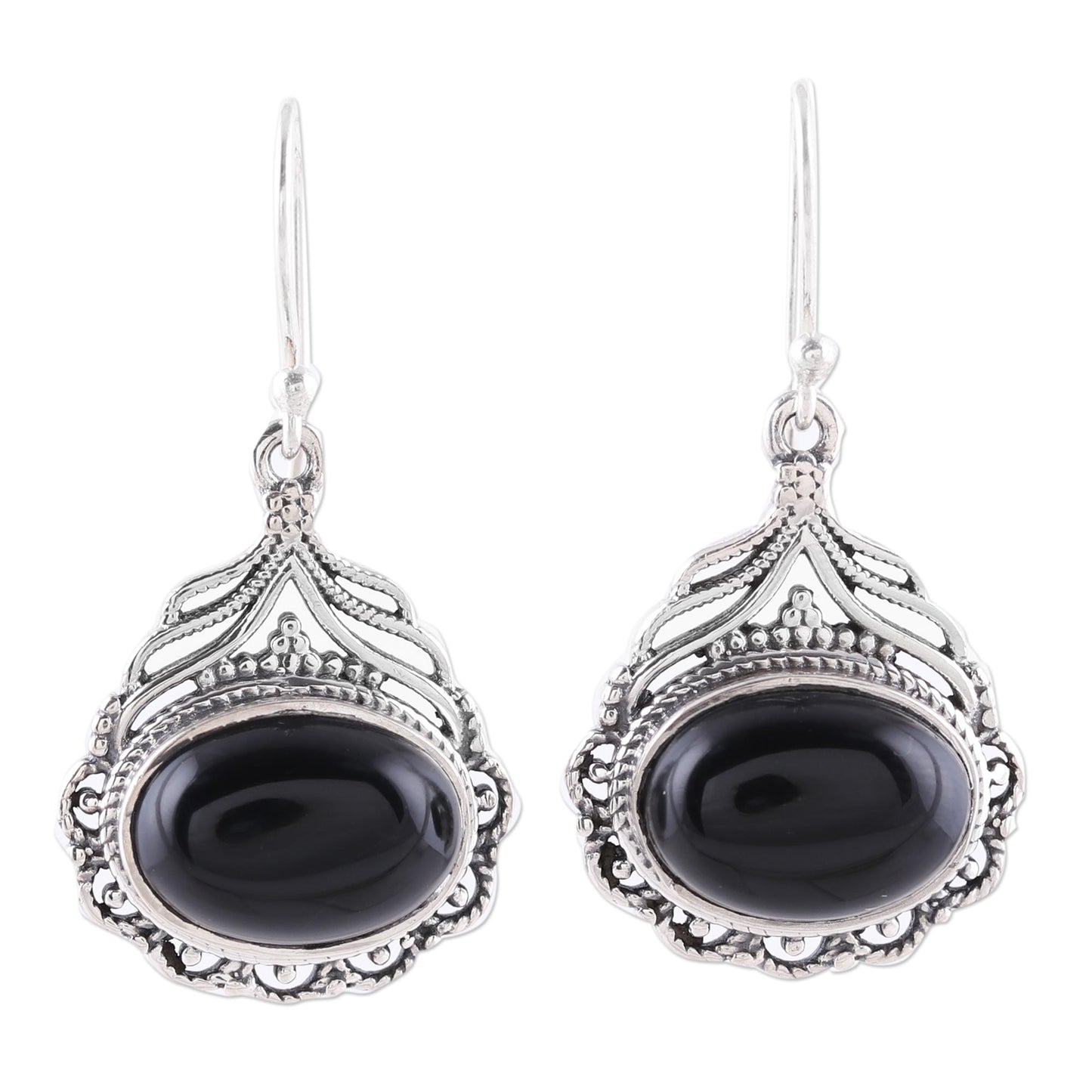 Jeweled Glory Black Oval Onyx Dangle Earrings from India