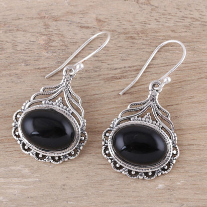 Jeweled Glory Black Oval Onyx Dangle Earrings from India