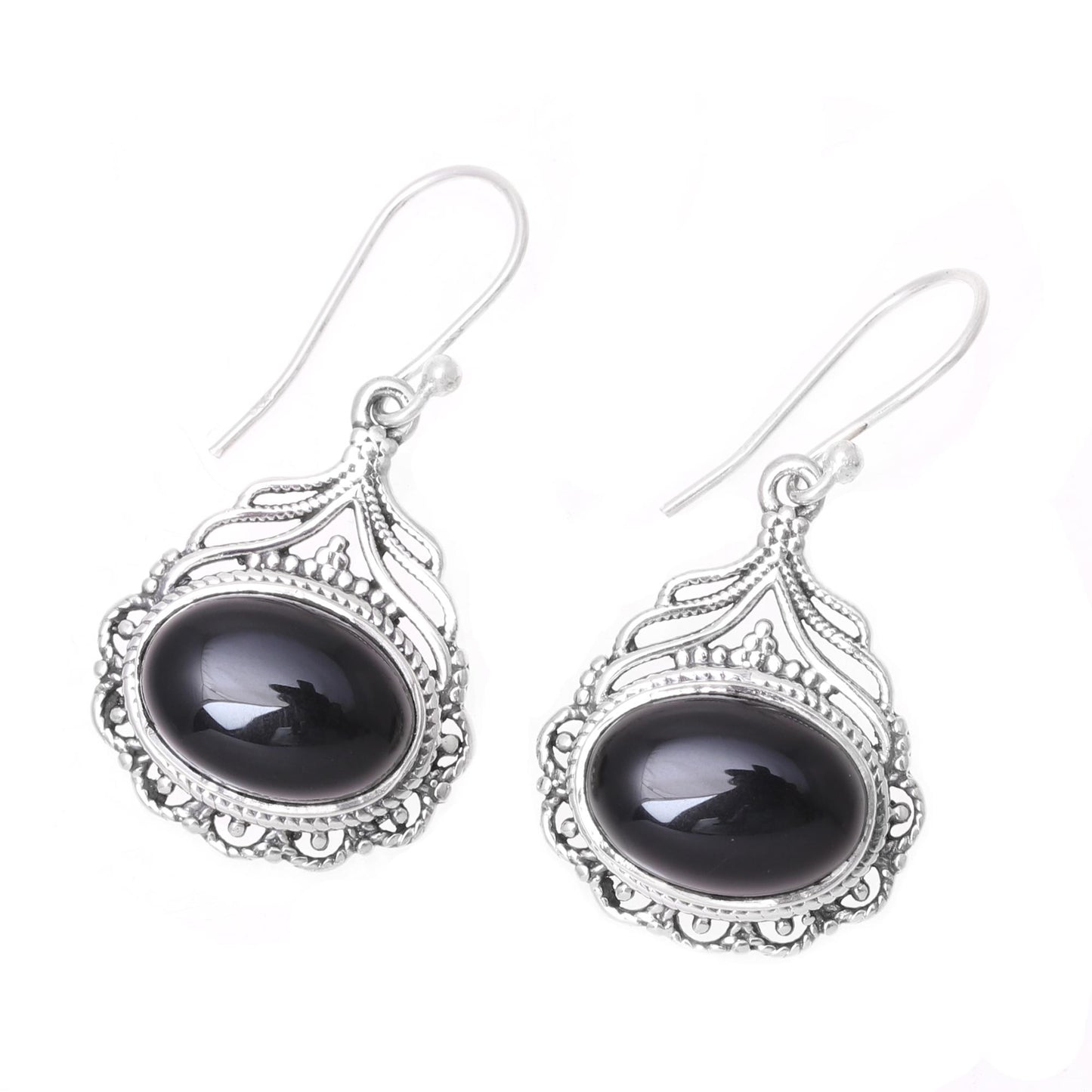 Jeweled Glory Black Oval Onyx Dangle Earrings from India