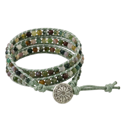 Stroll Through Nature Unisex Agate Bead and Karen Silver Button Wrap Bracelet