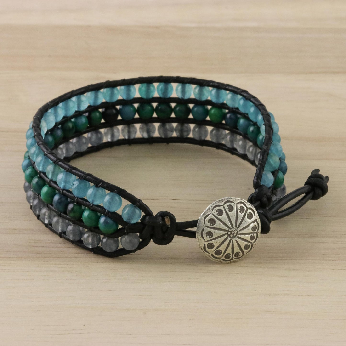 Horizon at Sea Quartz Serpentine and Karen Silver Button Wristband Bracelet