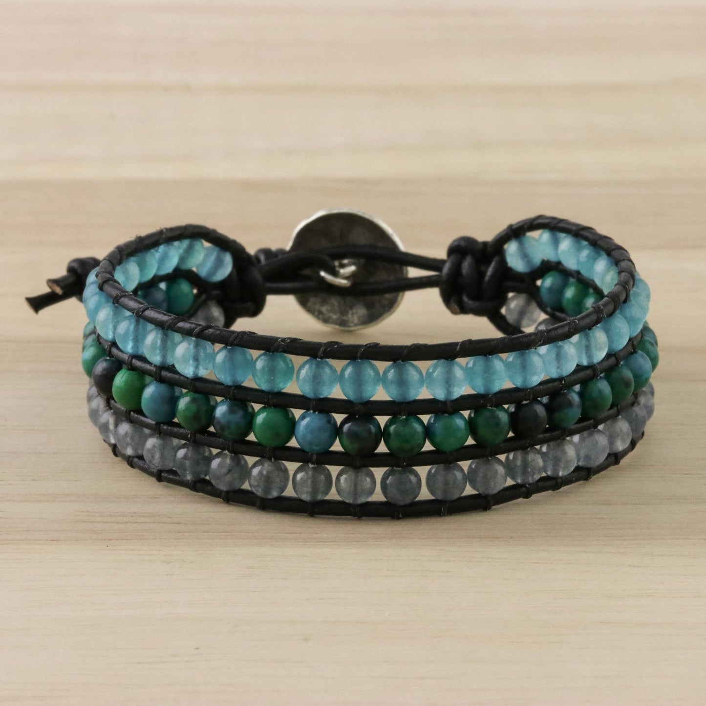 Horizon at Sea Quartz Serpentine and Karen Silver Button Wristband Bracelet