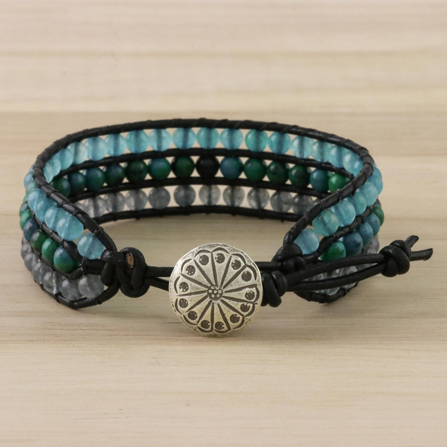 Horizon at Sea Quartz Serpentine and Karen Silver Button Wristband Bracelet