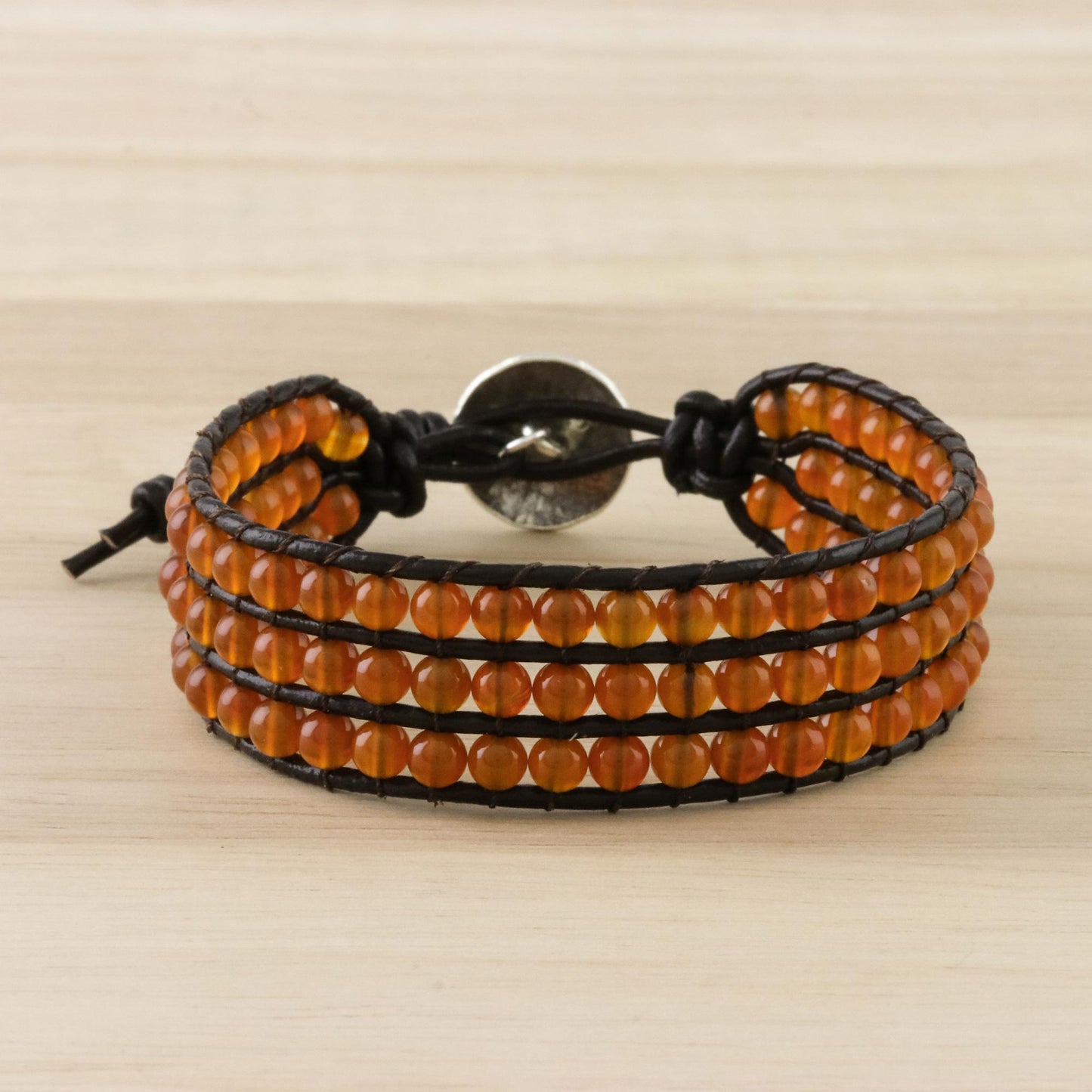 Apricots Carnelian Bead and Karen Silver Button Wristband Bracelet