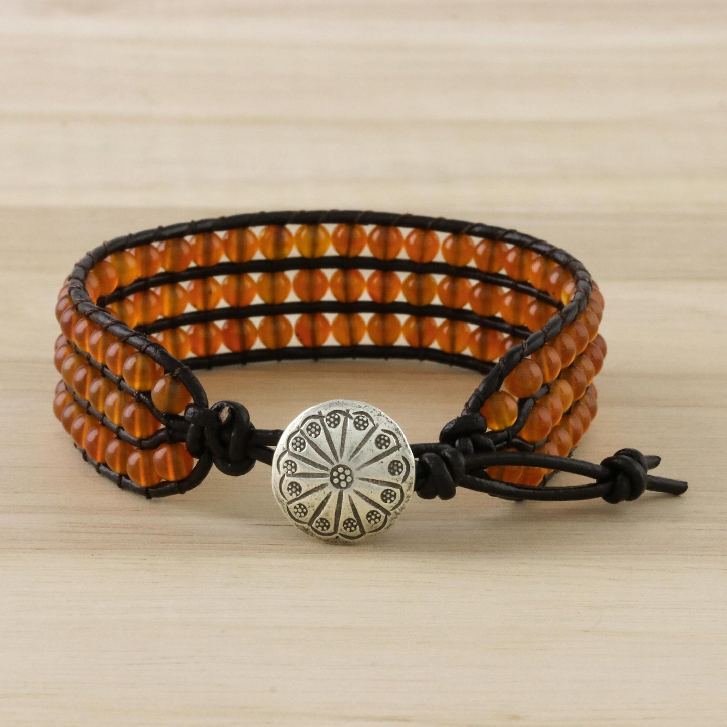 Apricots Carnelian Bead and Karen Silver Button Wristband Bracelet