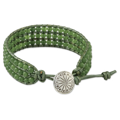 Verdant Field Green Quartz and Karen Silver Button Wristband Bracelet