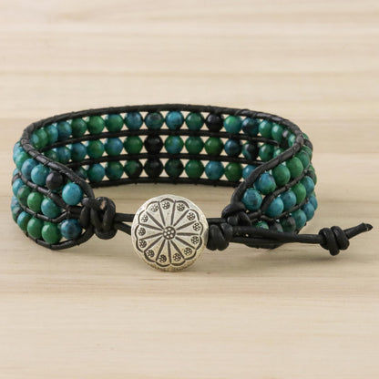 Lagoon Depths Serpentine Bead and Karen Silver Button Wristband Bracelet