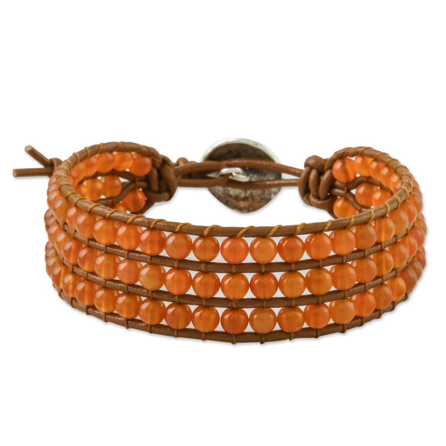 Sunlit Dawn Carnelian Bead and Karen Silver Button Wristband Bracelet