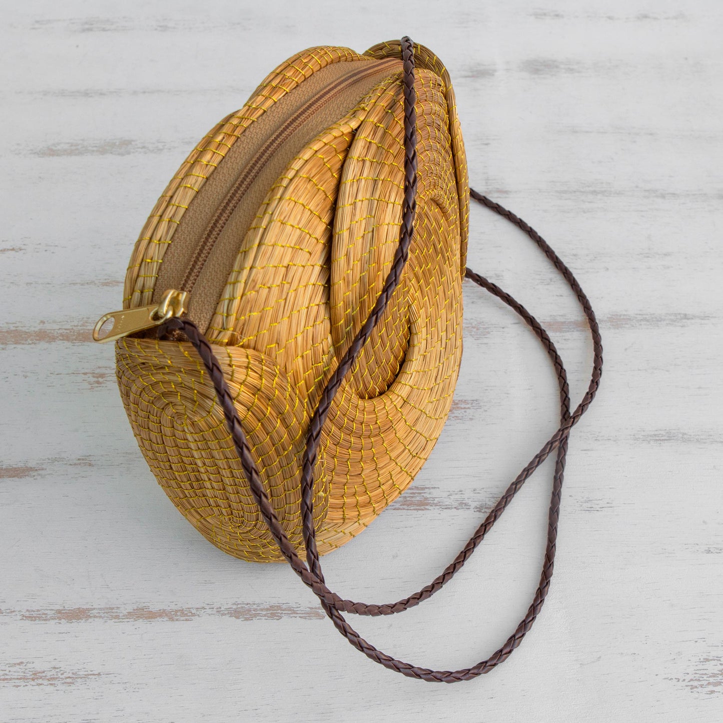 Golden Links Handmade Golden Grass Sling Handbag from Brazil