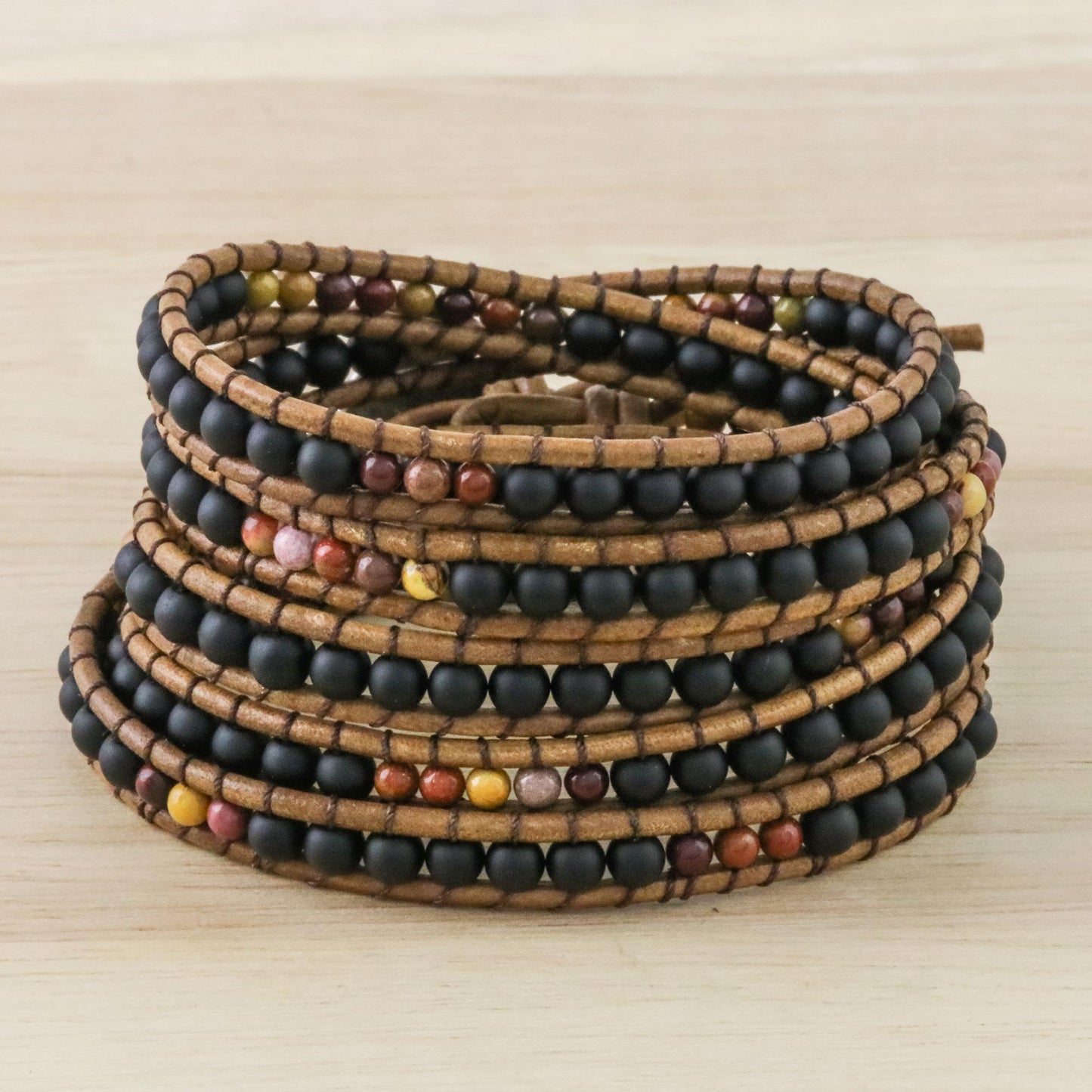 Midnight Walk Jasper and Glass Beaded Wrap Bracelet from Thailand