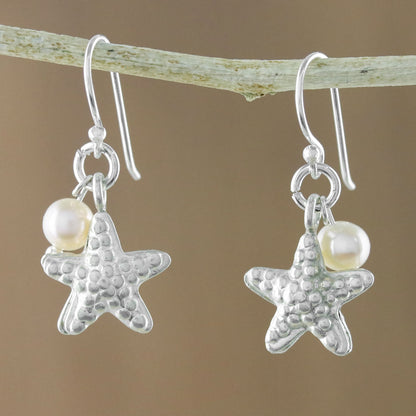 Delightful Starfish Cultured Pearl and Silver Starfish Dangle Earrings