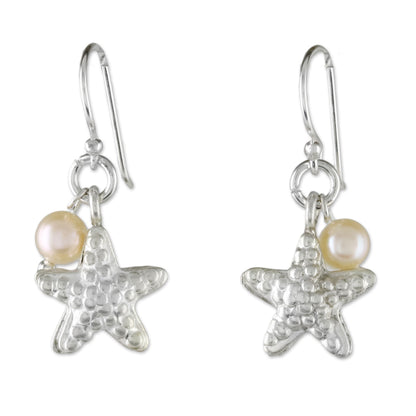 Delightful Starfish Cultured Pearl and Silver Starfish Dangle Earrings