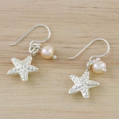 Delightful Starfish Cultured Pearl and Silver Starfish Dangle Earrings