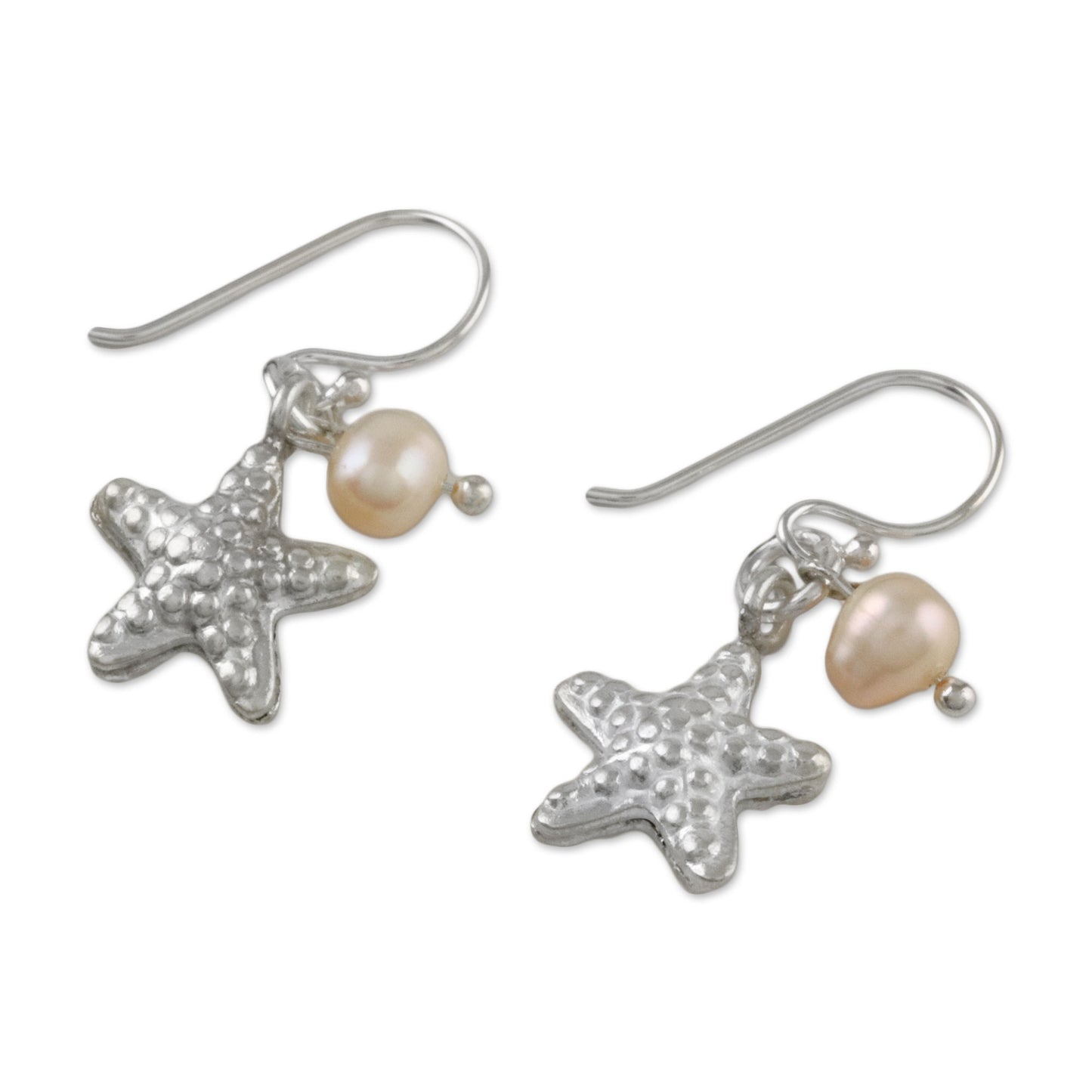 Delightful Starfish Cultured Pearl and Silver Starfish Dangle Earrings