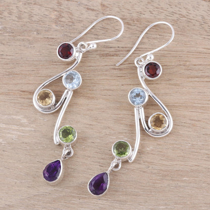 Dancing Rainbow Multi-Gemstone and Scrolling Sterling Silver Dangle Earrings