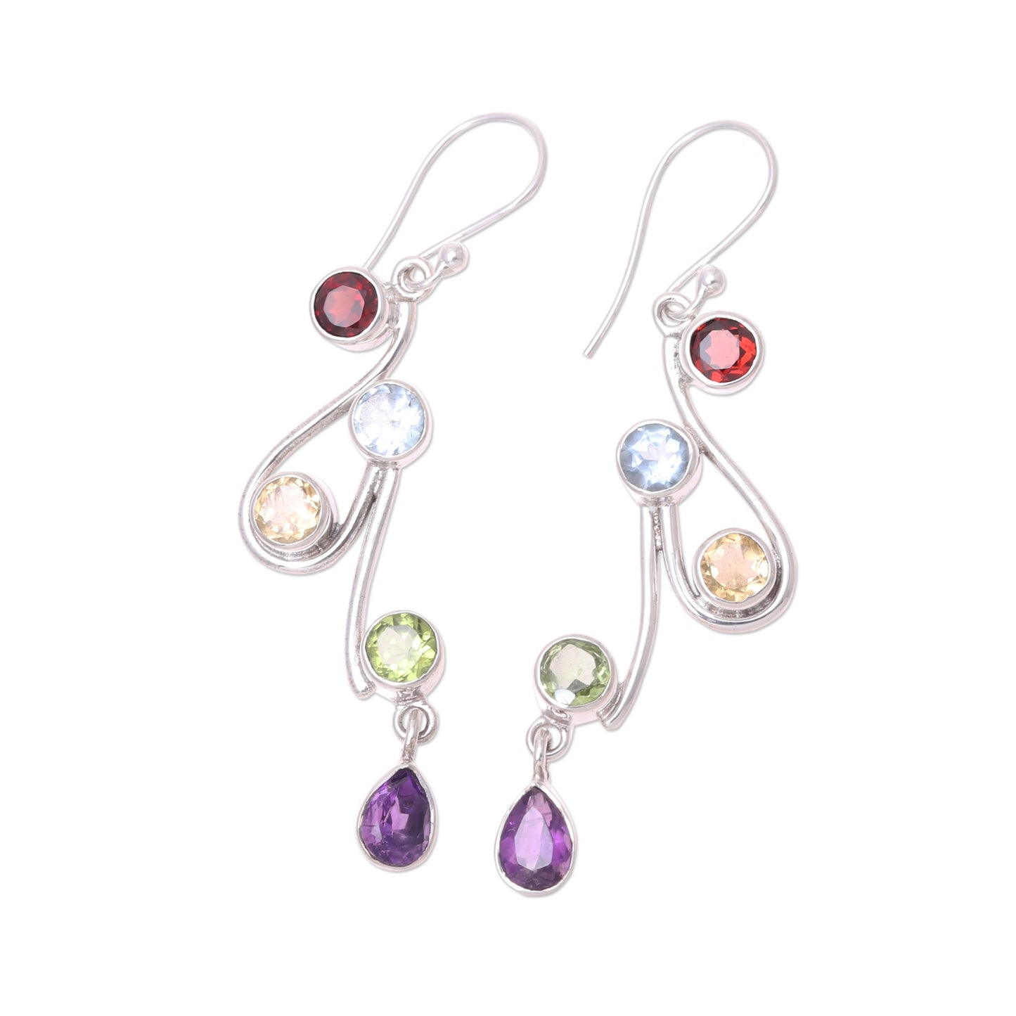 Dancing Rainbow Multi-Gemstone and Scrolling Sterling Silver Dangle Earrings