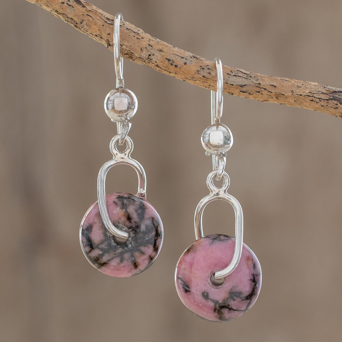 Wheels of Fortune Round Rhodonite Dangle Earrings from Guatemala