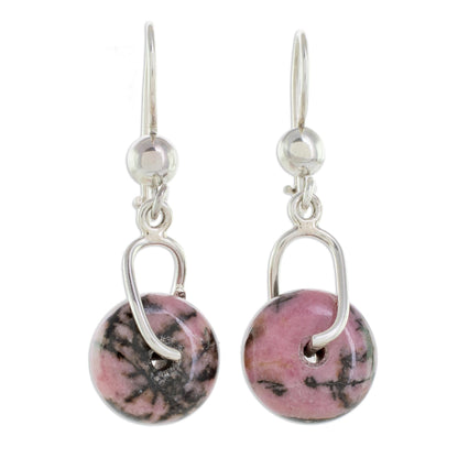 Wheels of Fortune Round Rhodonite Dangle Earrings from Guatemala