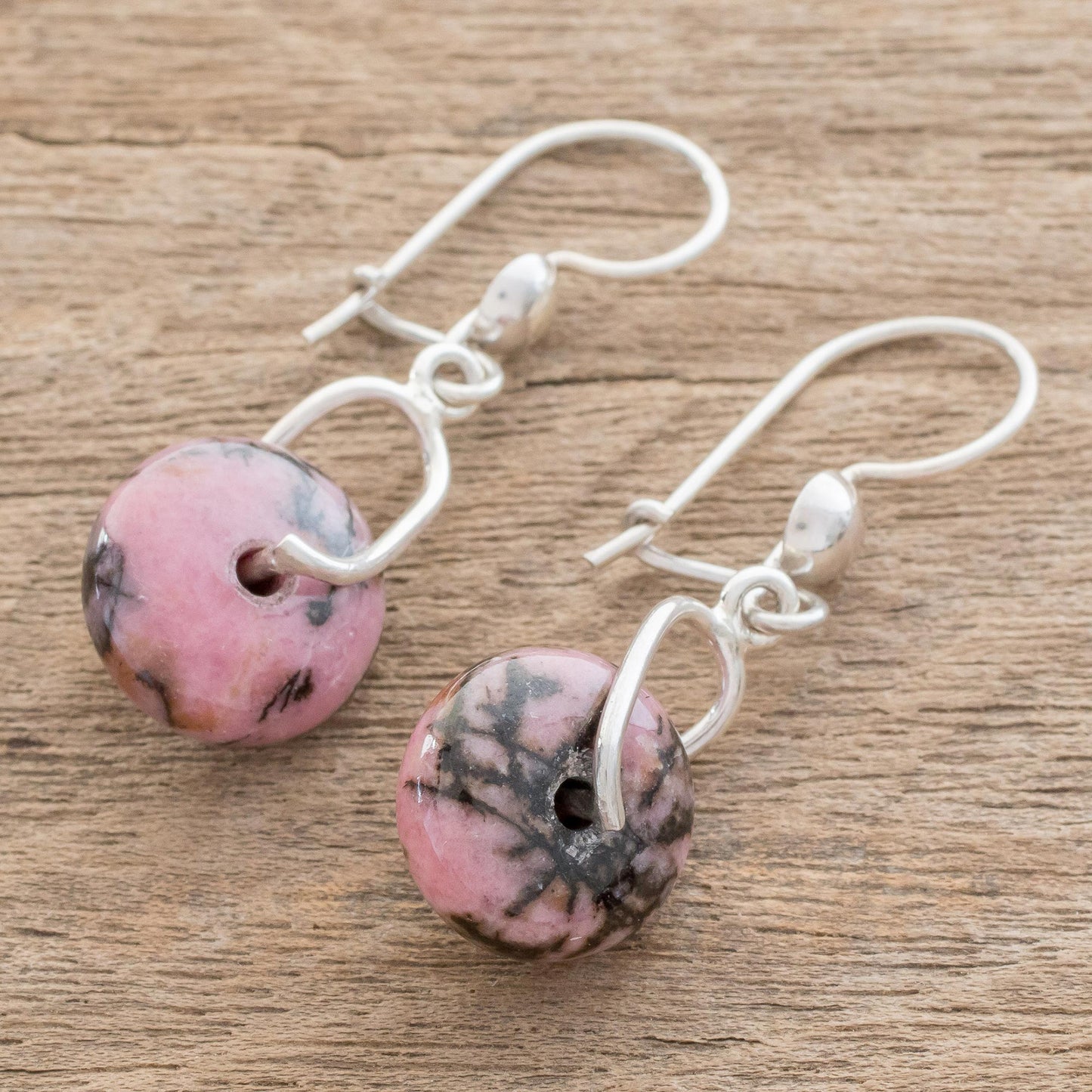 Wheels of Fortune Round Rhodonite Dangle Earrings from Guatemala