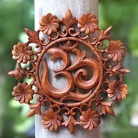 Lively Om Floral Om Suar Wood Relief Panel from Bali