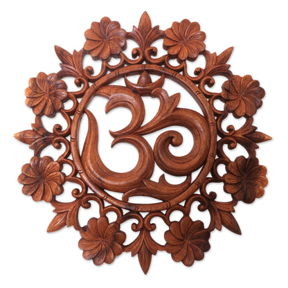 Lively Om Floral Om Suar Wood Relief Panel from Bali