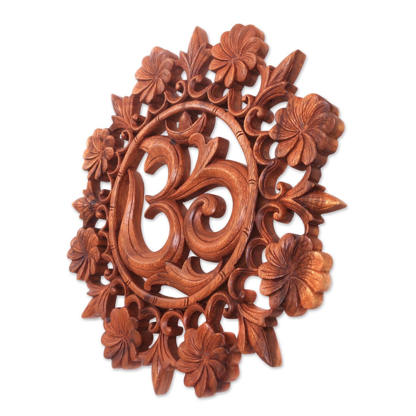 Lively Om Floral Om Suar Wood Relief Panel from Bali