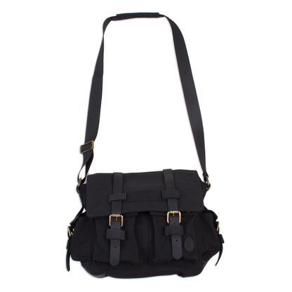 Journey to Manu in Black Leather Accented Roomy Canvas Messenger Bag in Black