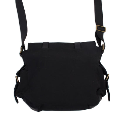 Journey to Manu in Black Leather Accented Roomy Canvas Messenger Bag in Black