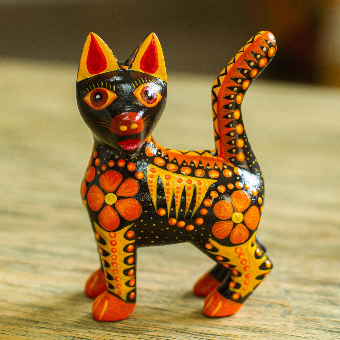 Fiery Cat Wood Alebrije Cat Figurine in Orange from Mexico