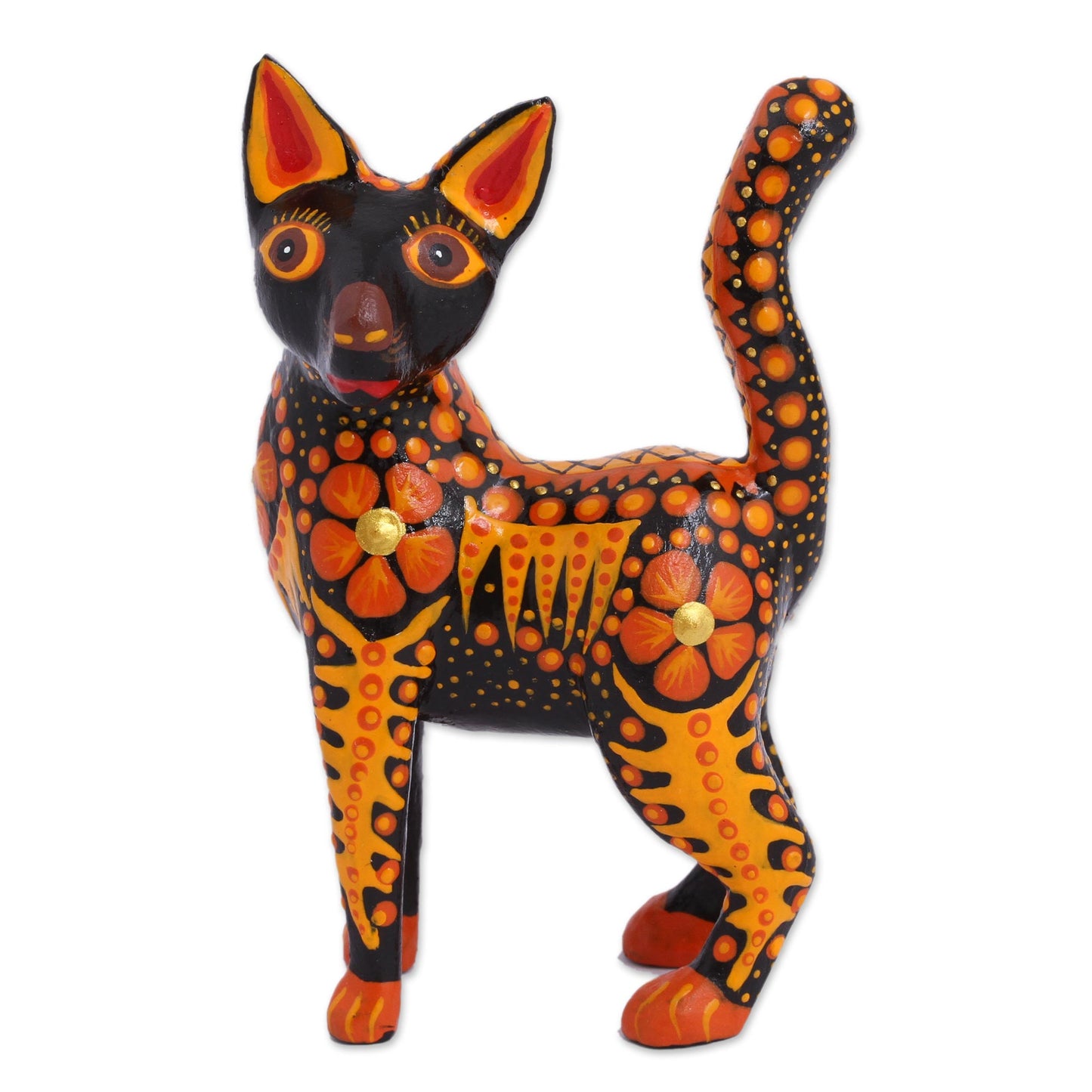 Fiery Cat Wood Alebrije Cat Figurine in Orange from Mexico