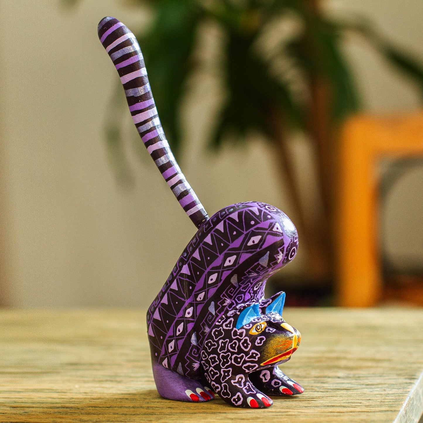 Fantastic Stretch Wood Alebrije Cat Figurine in Purple from Mexico