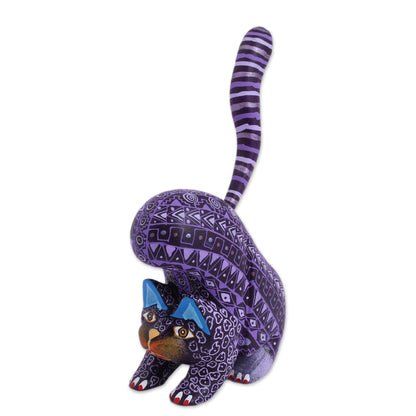 Fantastic Stretch Wood Alebrije Cat Figurine in Purple from Mexico