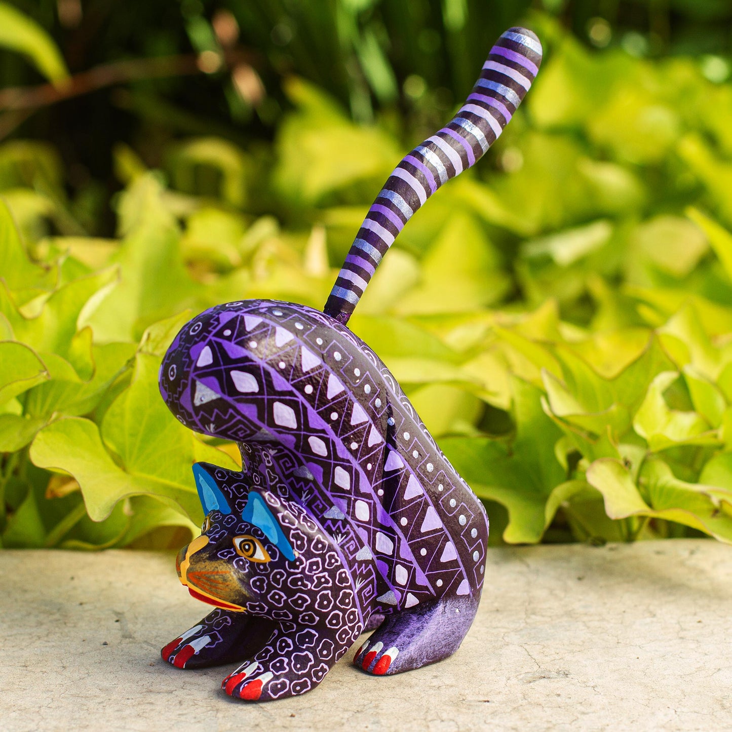 Fantastic Stretch Wood Alebrije Cat Figurine in Purple from Mexico