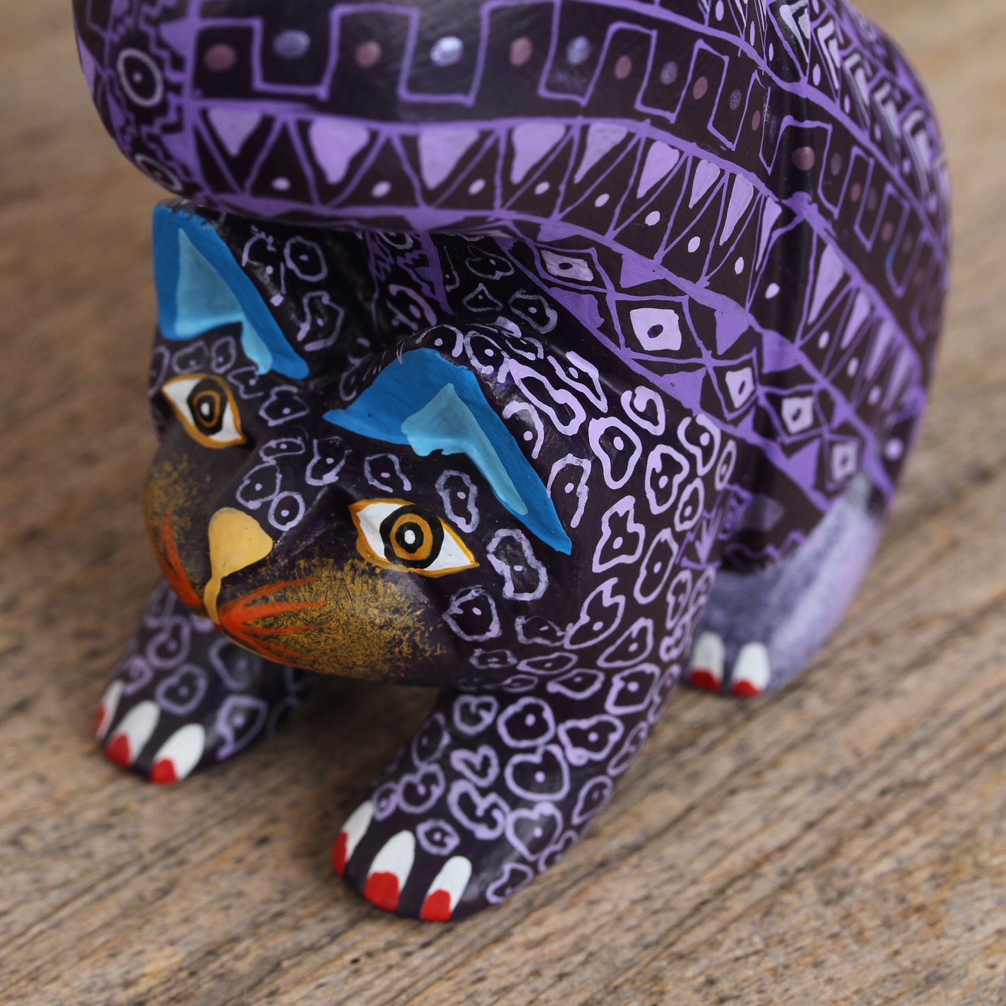 Fantastic Stretch Wood Alebrije Cat Figurine in Purple from Mexico