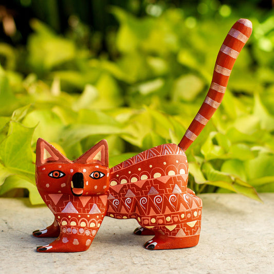 Walking Cat Wood Alebrije Cat Figurine in Red from Mexico