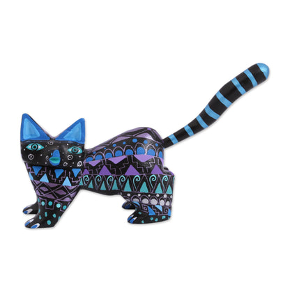 Nocturnal Cat Hand-Painted Wood Alebrije Cat Figurine from Mexico