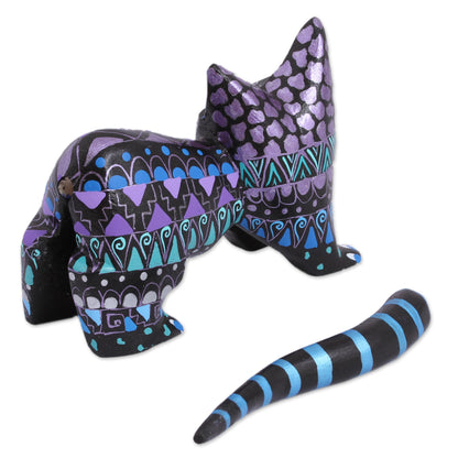 Nocturnal Cat Hand-Painted Wood Alebrije Cat Figurine from Mexico