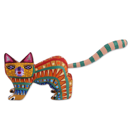 Walking Festive Cat Multicolored Wood Alebrije Cat Figurine from Mexico