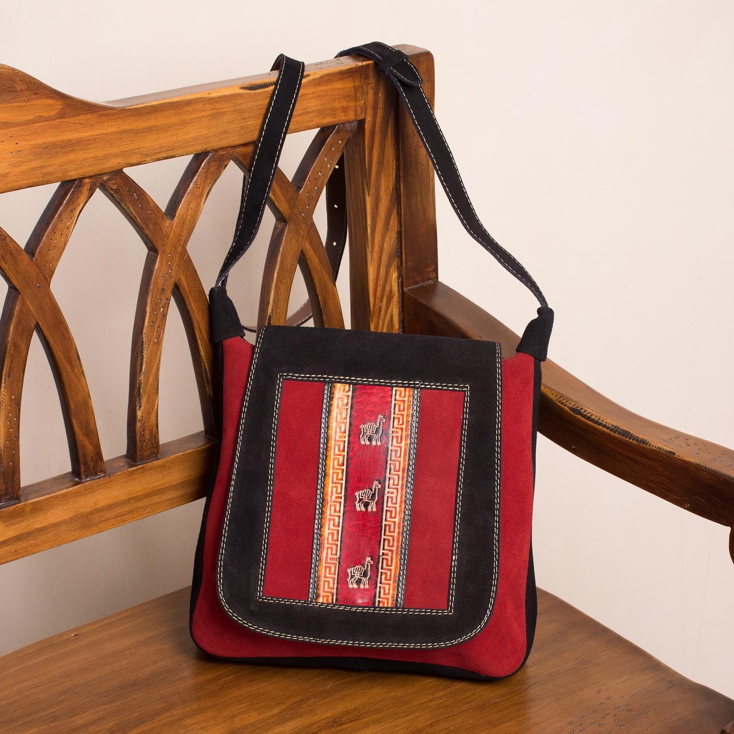 Llama Path Handcrafted Llama Motif Crimson and Black Suede Shoulder Bag