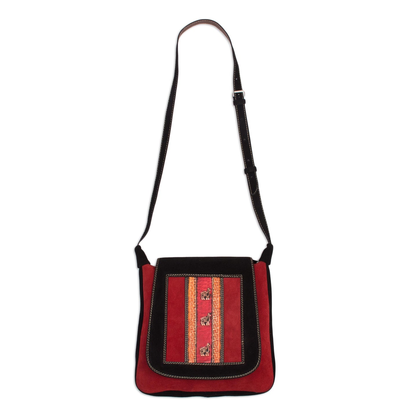 Llama Path Handcrafted Llama Motif Crimson and Black Suede Shoulder Bag