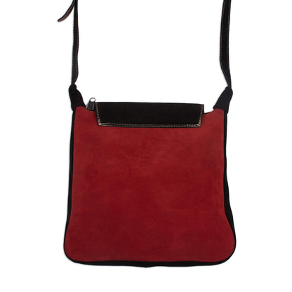 Llama Path Handcrafted Llama Motif Crimson and Black Suede Shoulder Bag