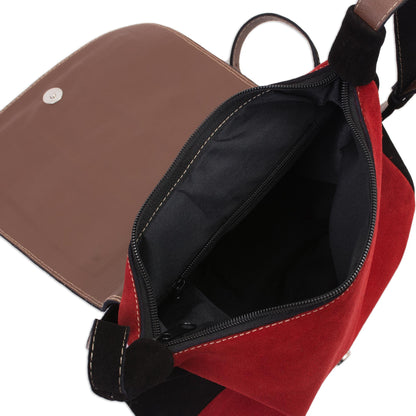 Llama Path Handcrafted Llama Motif Crimson and Black Suede Shoulder Bag