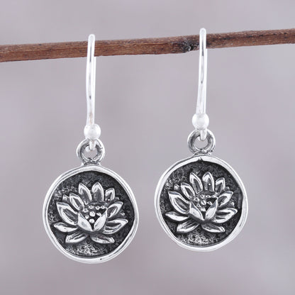 Lotus Bliss Lotus Motif Sterling Silver Dangle Earrings from India