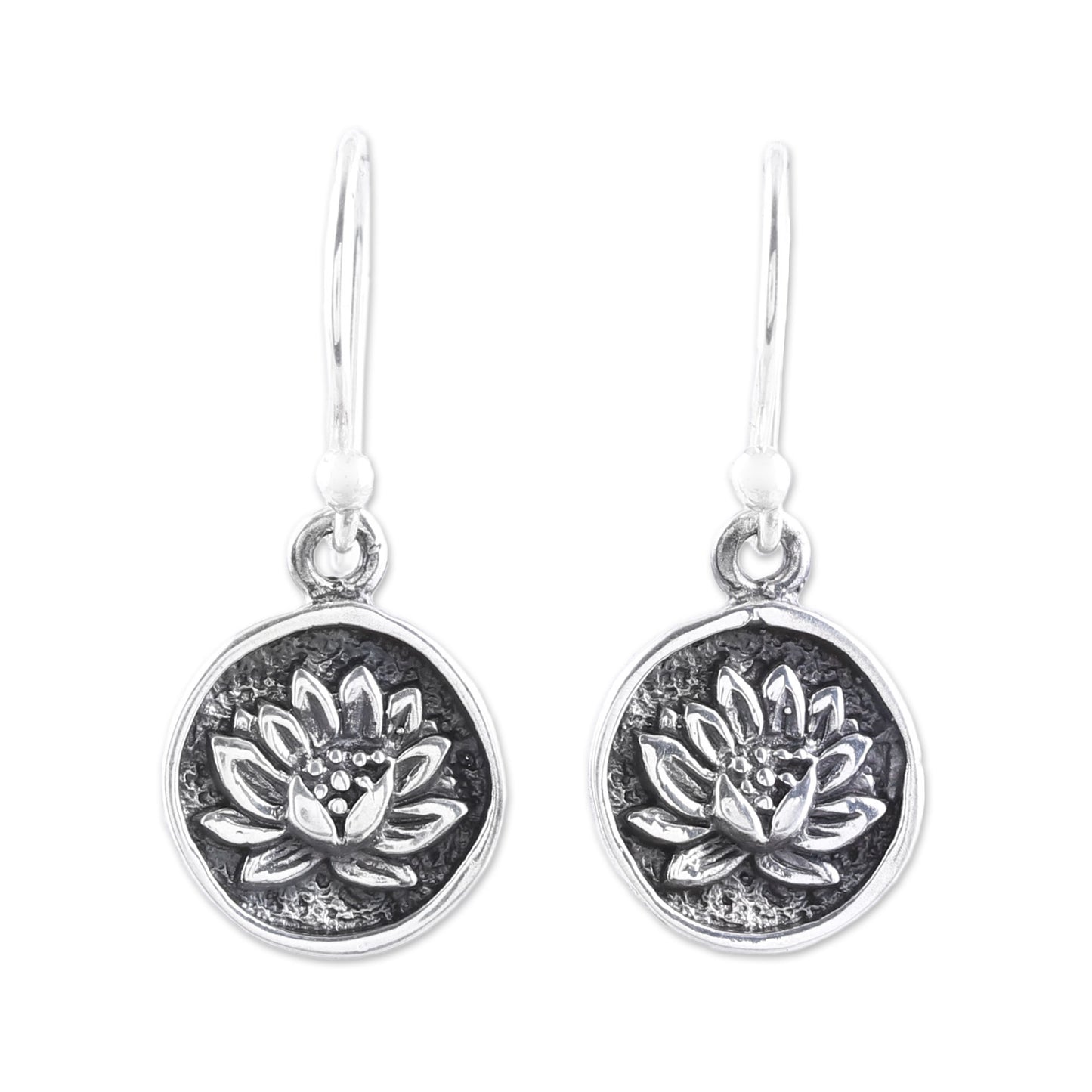 Lotus Bliss Lotus Motif Sterling Silver Dangle Earrings from India