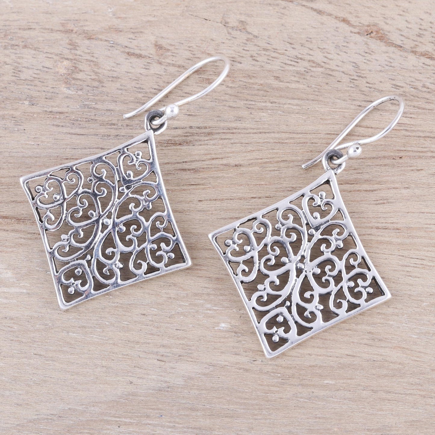 Elegant Kites Openwork Square Sterling Silver Dangle Earrings from India